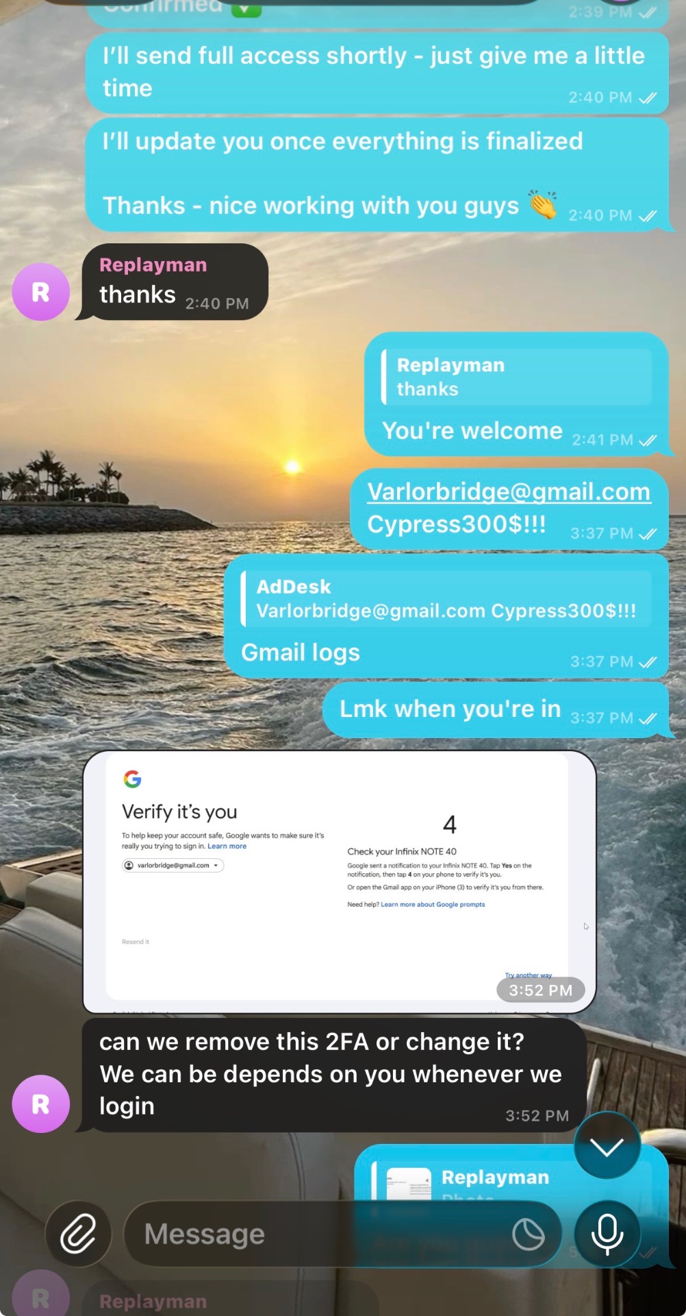 Gmail login details handed over, buyer confirming access